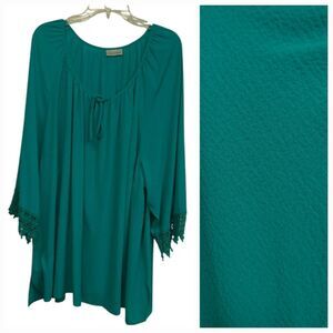 Catherines Teal Blouse 4X Plus Size Lace Trim Tassel Tie Chiffon Top Summer